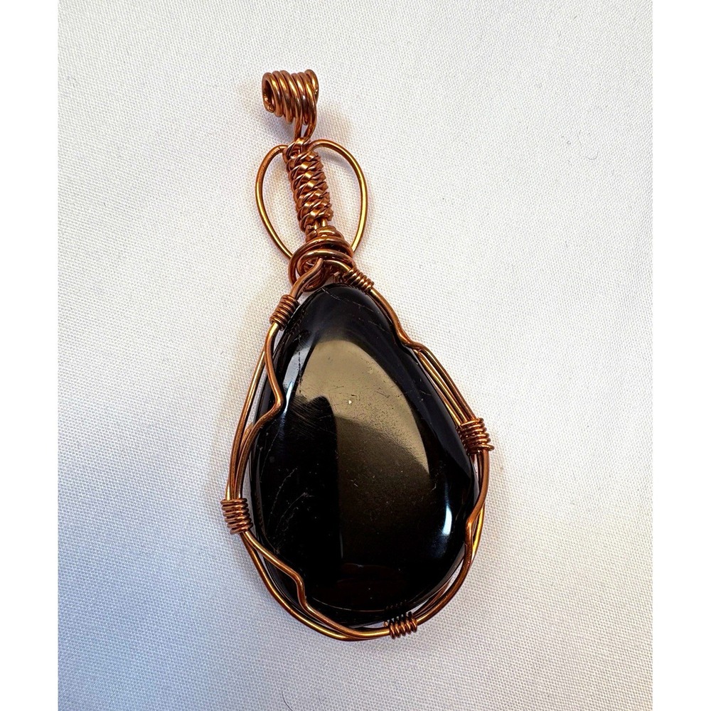 Handcrafted Wire Wrapped Black Onyx Teardrop Charm Pendant Copper Bohemian O-528